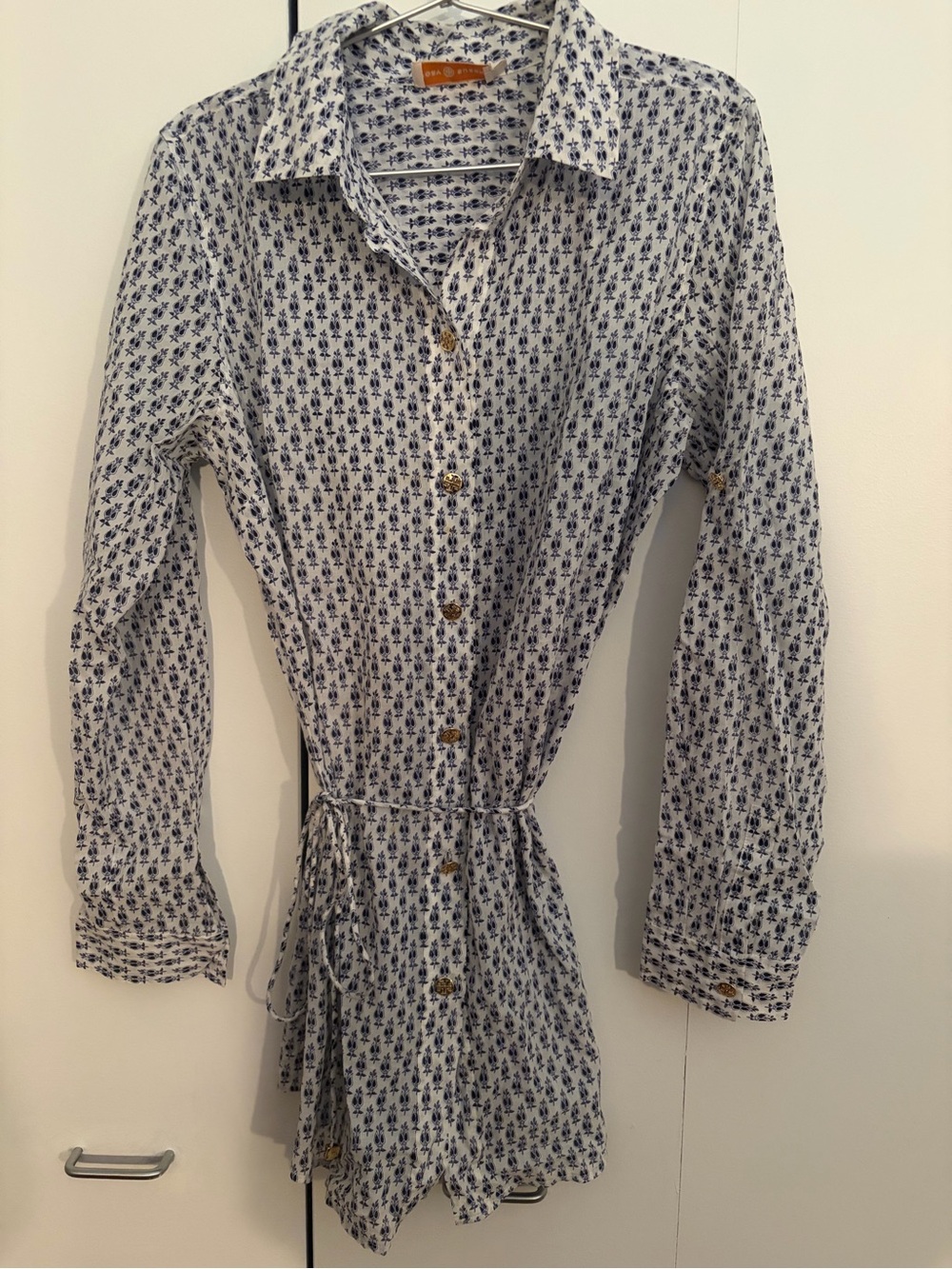 Tory Burch White and Navy Printed Button-Down Shirt Dress/Button Down
